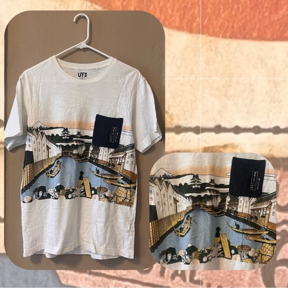 uniqlo 🎉rare🎉hokusai blue japanese theme white tshirt with front pocket - Picture 2 of 13